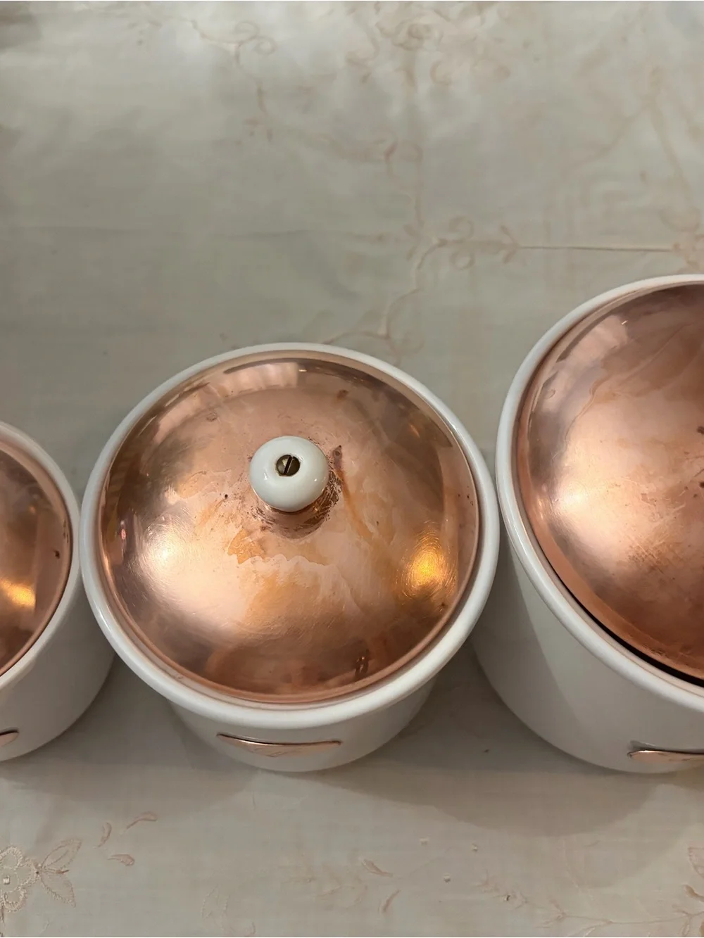 White Ceramic Kitchen Canister Set with Copper Lids - Picture 2 of 12